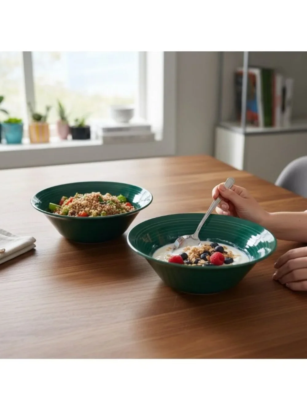 Set Of 2 Deep Green Ceramic Bowls Ribbed Design